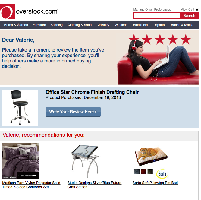 Overstock follow-up email requesting a product review to show value for customer feedback