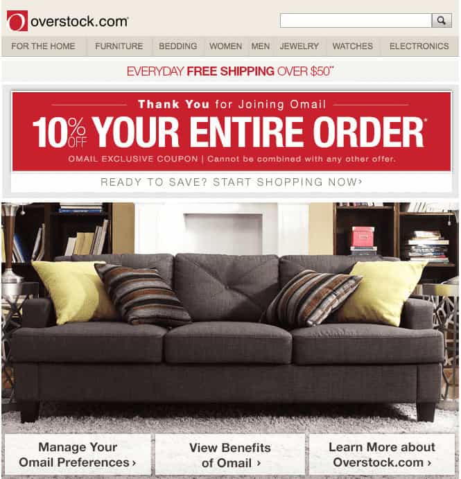 Overstock welcome email example offering incentives and exploring benefits