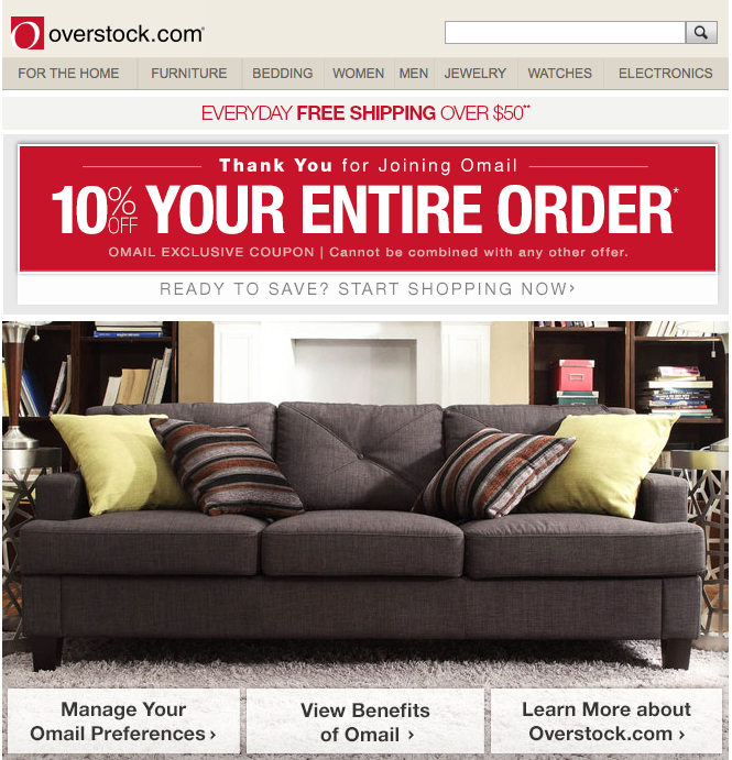 Overstock welcome email example offering incentives and exploring benefits