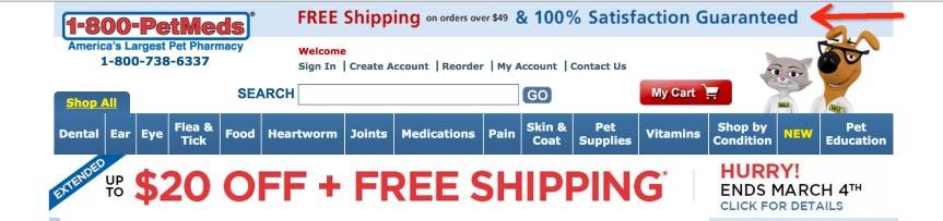 1-800 Pet Meds header with satisfaction guarantee and contact information