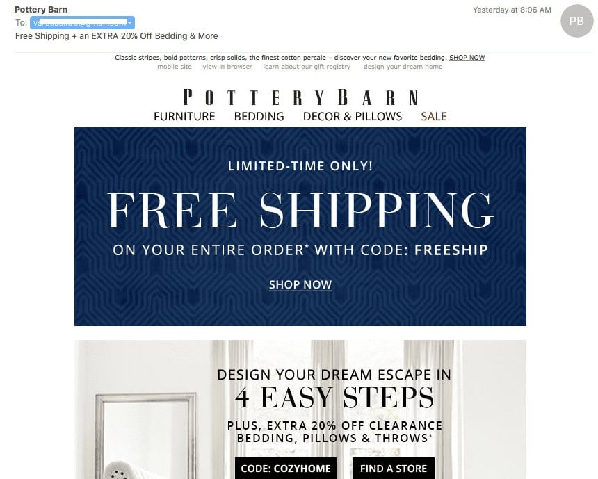 Pottery Barn email subject line example: Free Shipping + an EXTRA 20% off Bedding & More