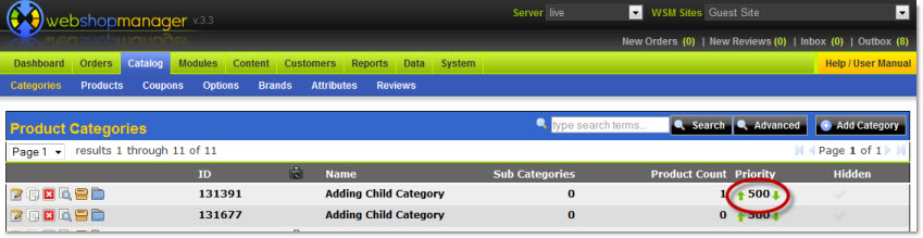 Editing product priority from the category list in eCommerce content management system