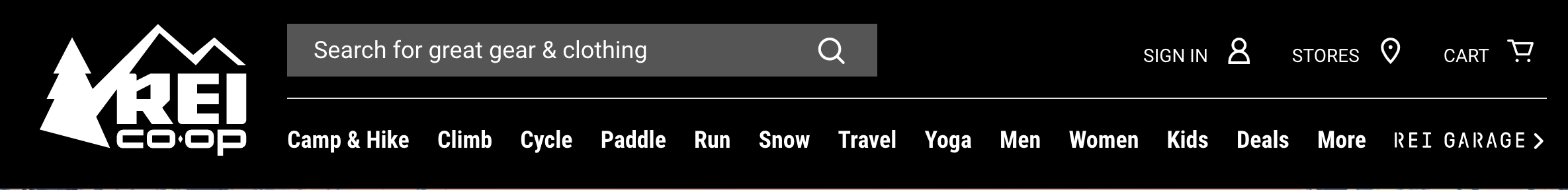 Screenshot of REI's main categories, clearly defining their outdoor gear product range