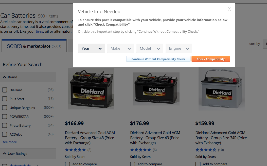 Sears e-commerce store using expert data standards to guide customers to the right automotive product
