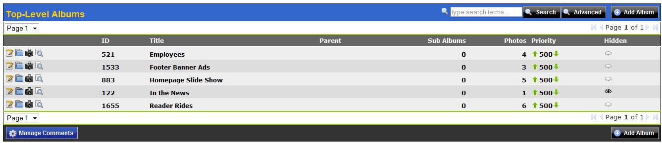 Add Album button in WSM Photo Gallery