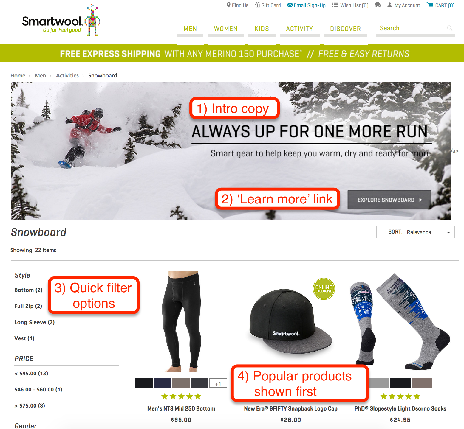 Smartwool category page example with good copy, filtering options, and popular products sorted by relevance