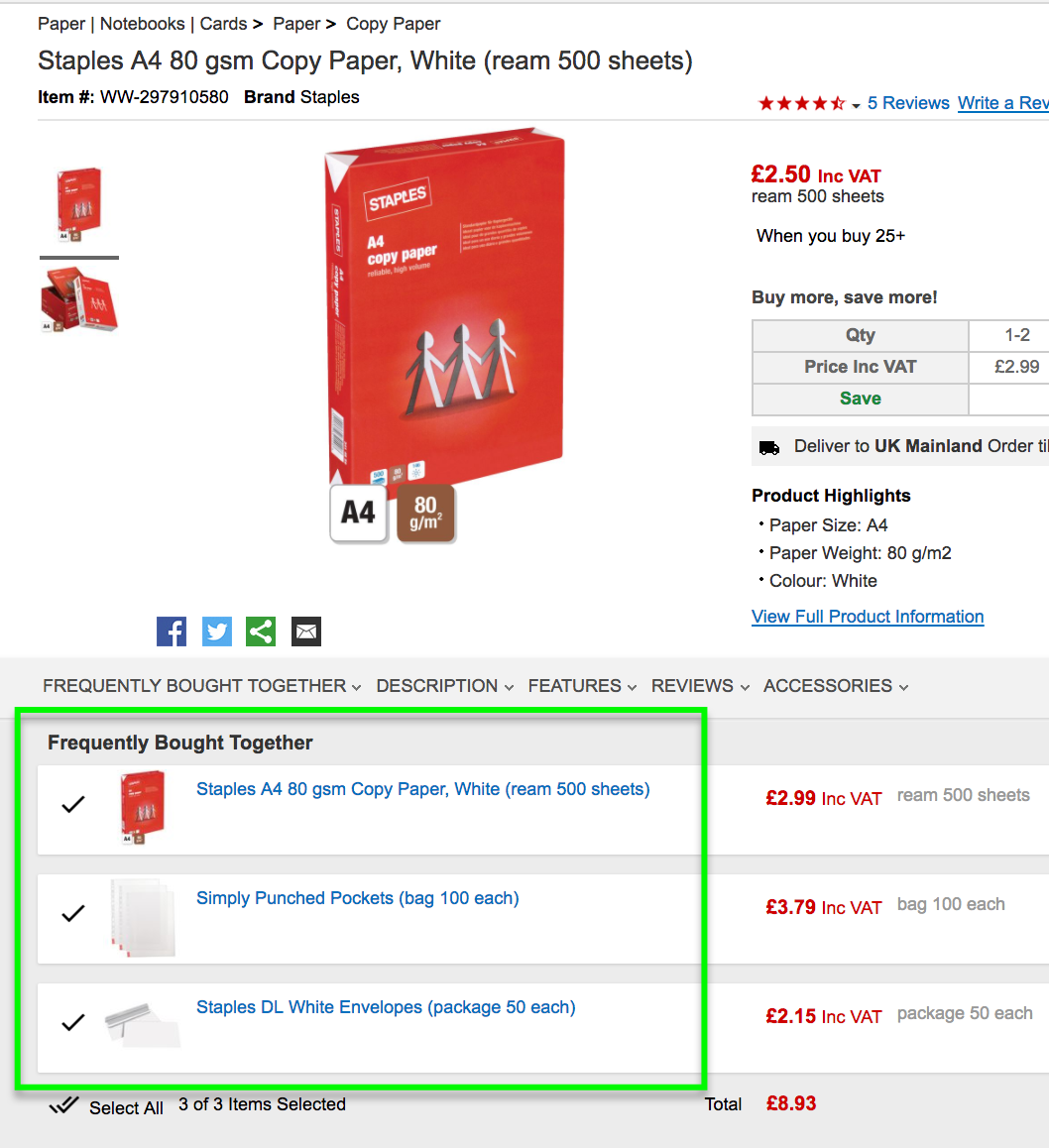 Staples recommended and related products section showing cross-sell and upsell items