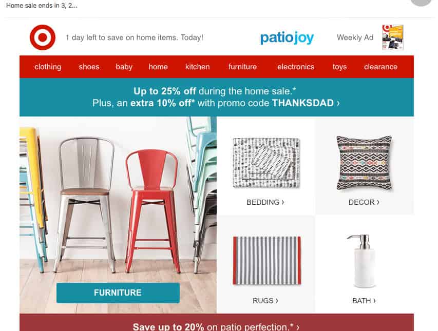 Target email featuring images of promotional products