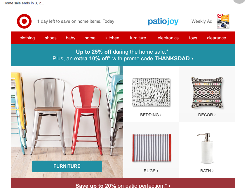 Target email featuring images of promotional products