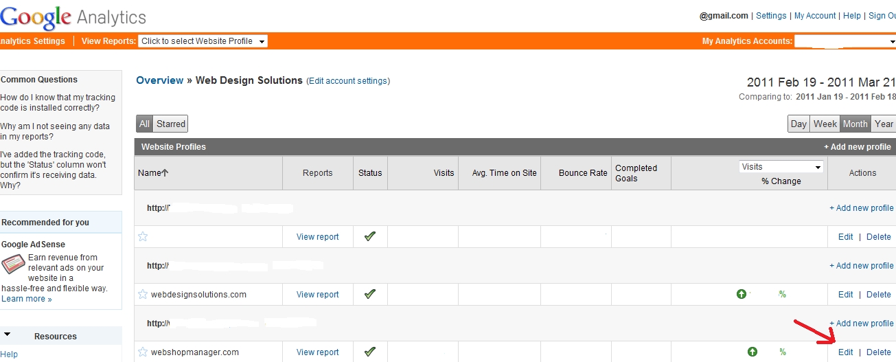 Screenshot of Google Analytics Profile page to edit goals
