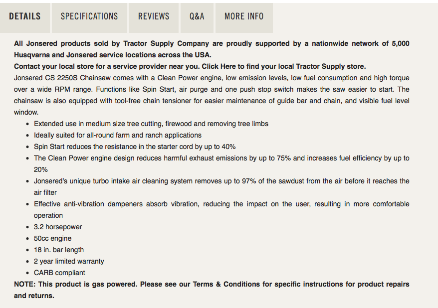 Detailed product description for chainsaw on Tractor Supply website
