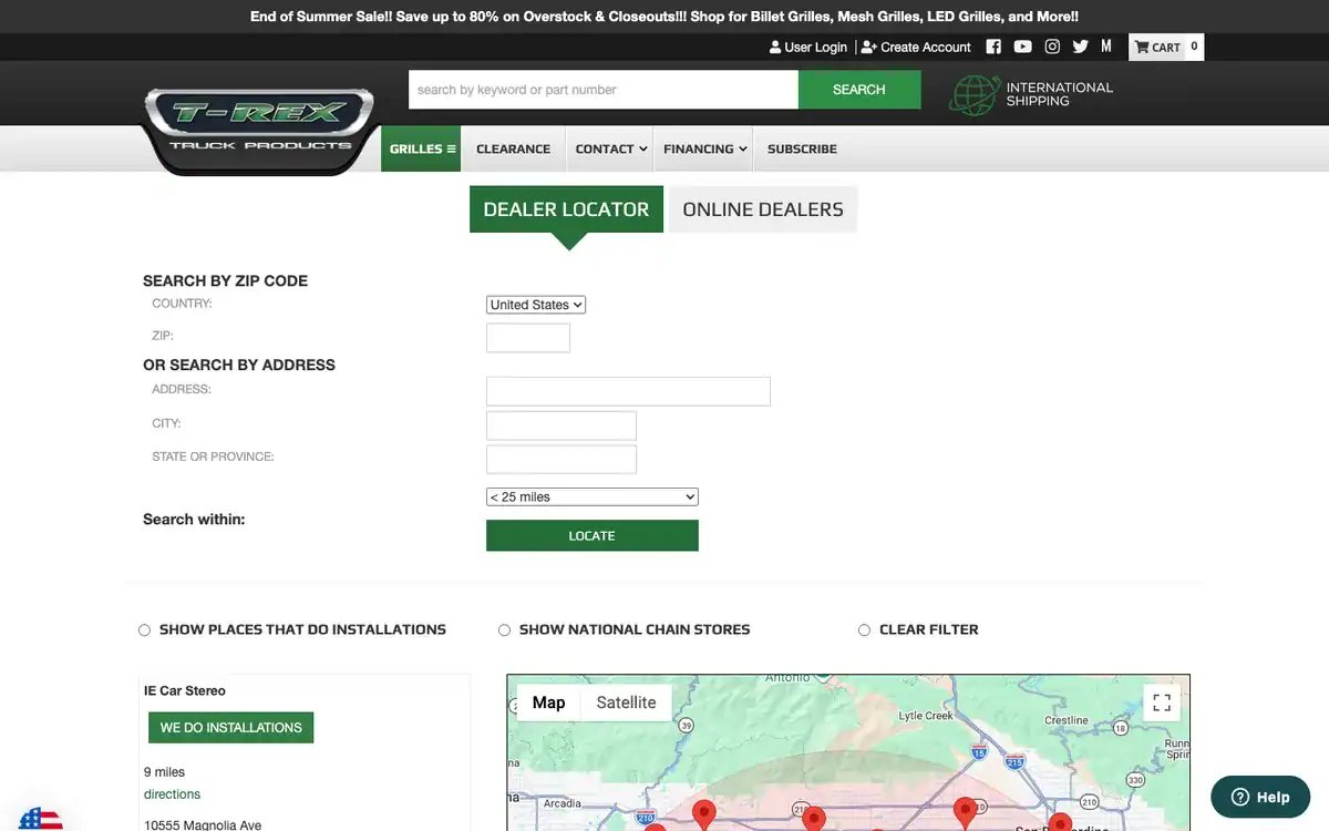 T-REX dealer locator on trexbillet.com with ZIP code search, a filter for places that do installations, and a map of nearby dealers