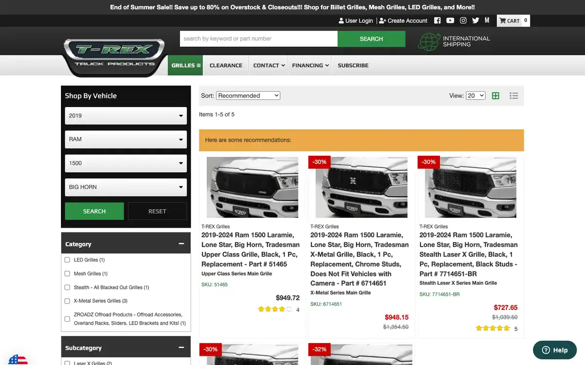 T-REX Grilles Shop By Vehicle results for a 2019 Ram 1500 Big Horn showing five grilles that fit, with prices and ratings