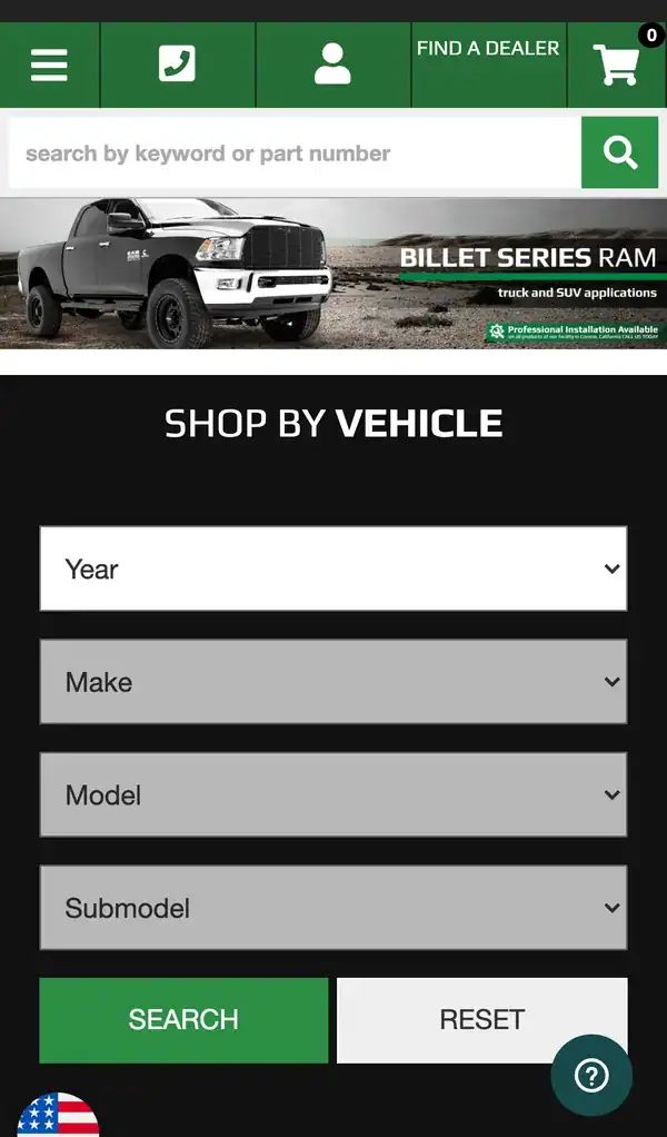 T-REX Grilles store on a phone showing the Shop By Vehicle year, make, model and submodel selector