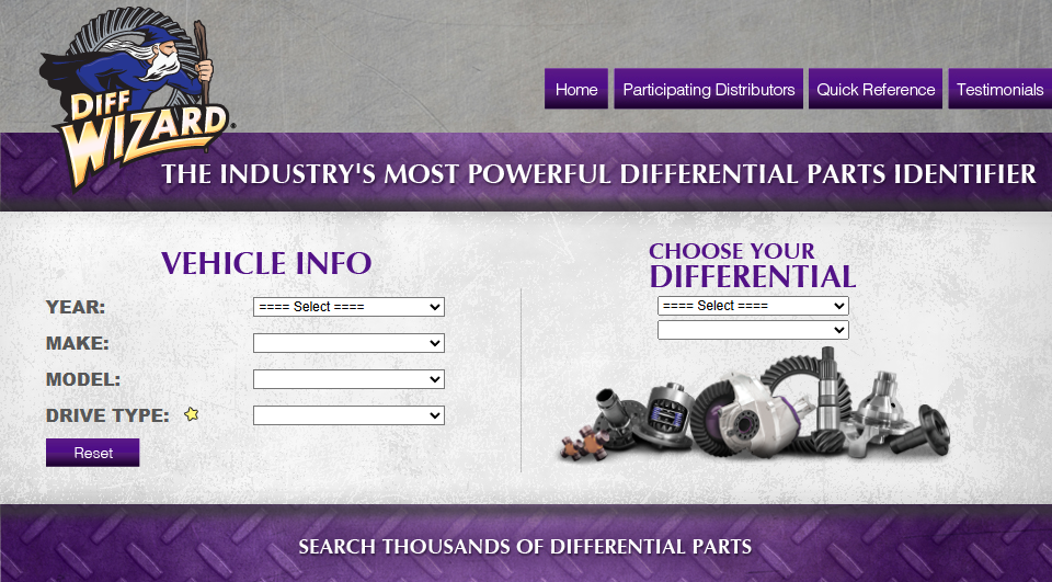 Diff Wizard parts finder interface with Year Make Model lookup