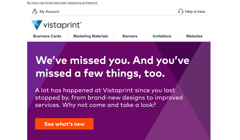 Vistaprint re-engagement email for lapsed customers