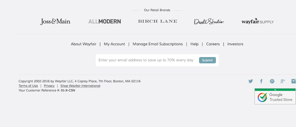 Screenshot showing the copyright symbol on the WayFair website for auto part content protection