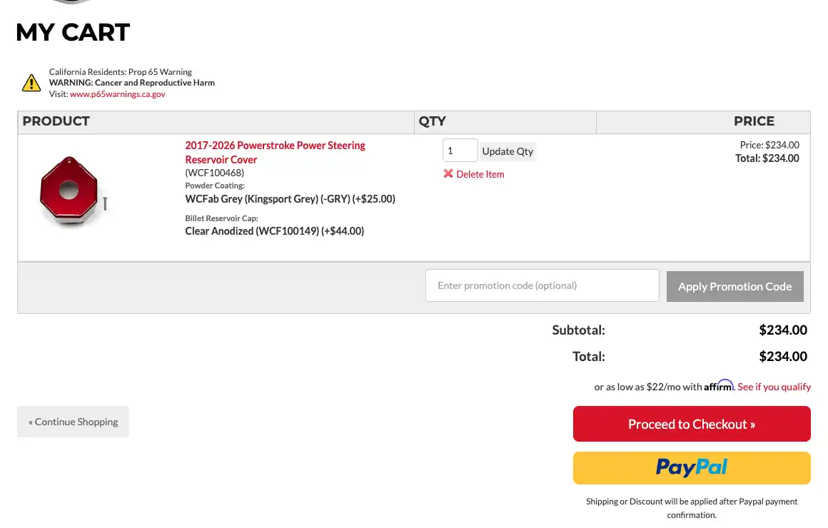 The WCFab cart on desktop showing a powder coated Power Stroke reservoir cover with its chosen options, the Affirm monthly price above a red Proceed to Checkout button, and PayPal below it