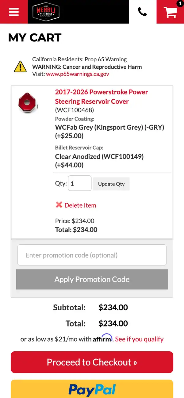 WCFab cart on a phone with the part, its options and price, the Affirm monthly price and a full-width Proceed to Checkout button