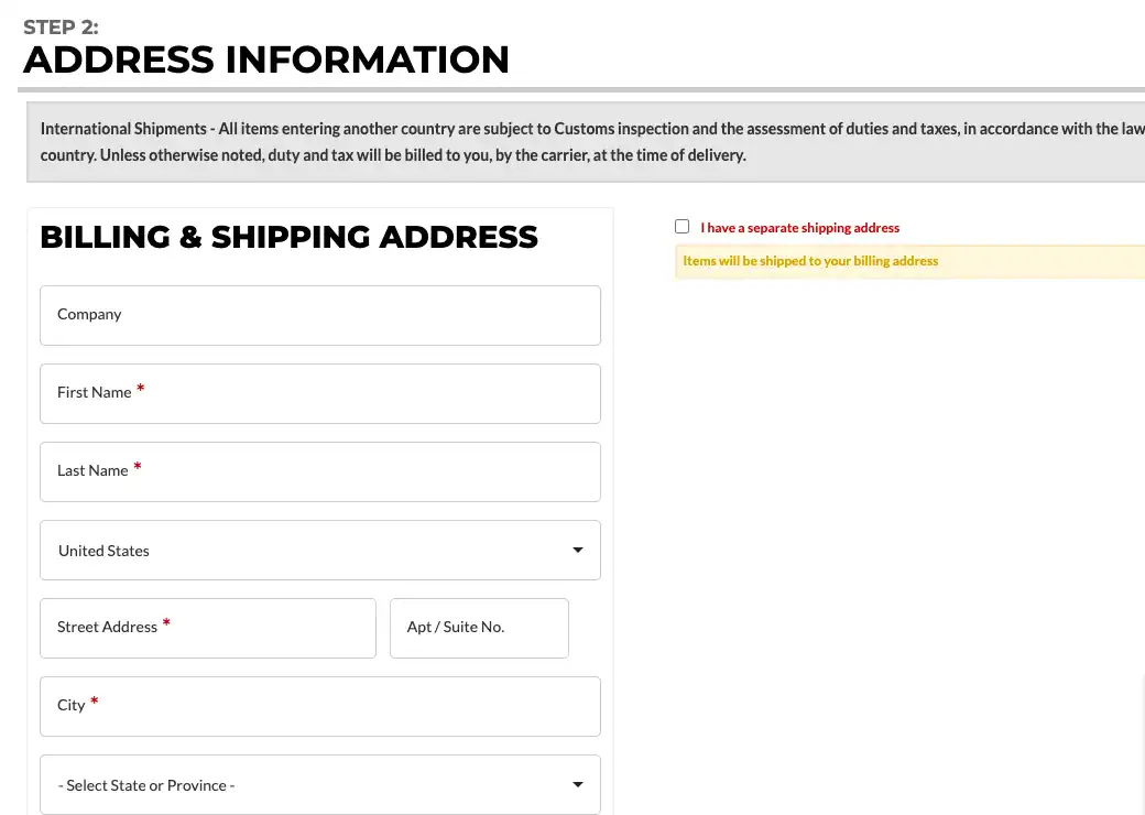 WCFab checkout on desktop at step 2, address information, with large single-column billing and shipping fields