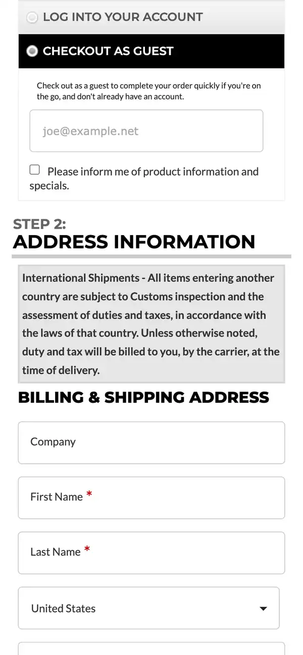 WCFab checkout on a phone with guest checkout selected and full-width address fields