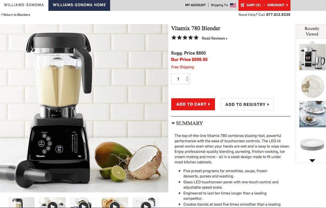 William Sonoma product page with zoomable image, thorough summary, and customer service phone number