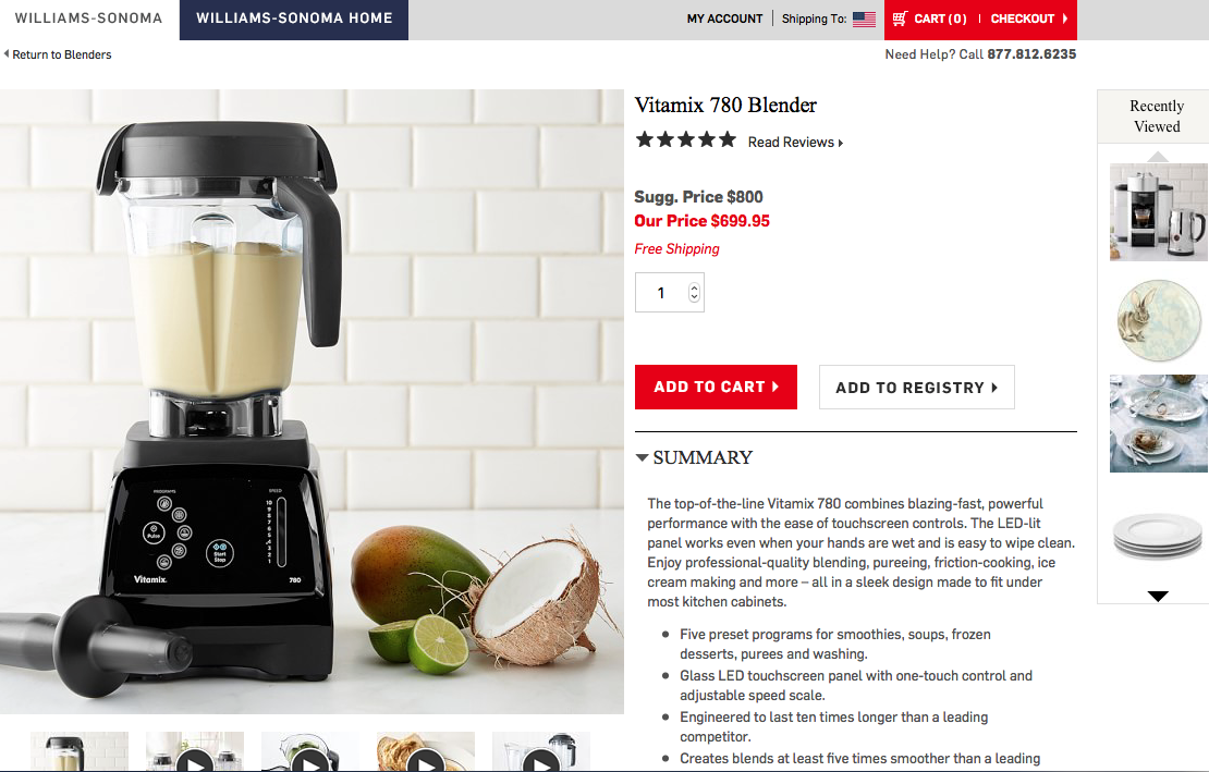 William Sonoma product page with zoomable image, thorough summary, and customer service phone number