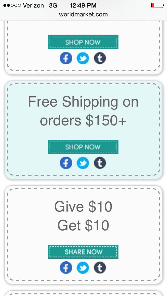 Mobile coupon example for World Market e-commerce store
