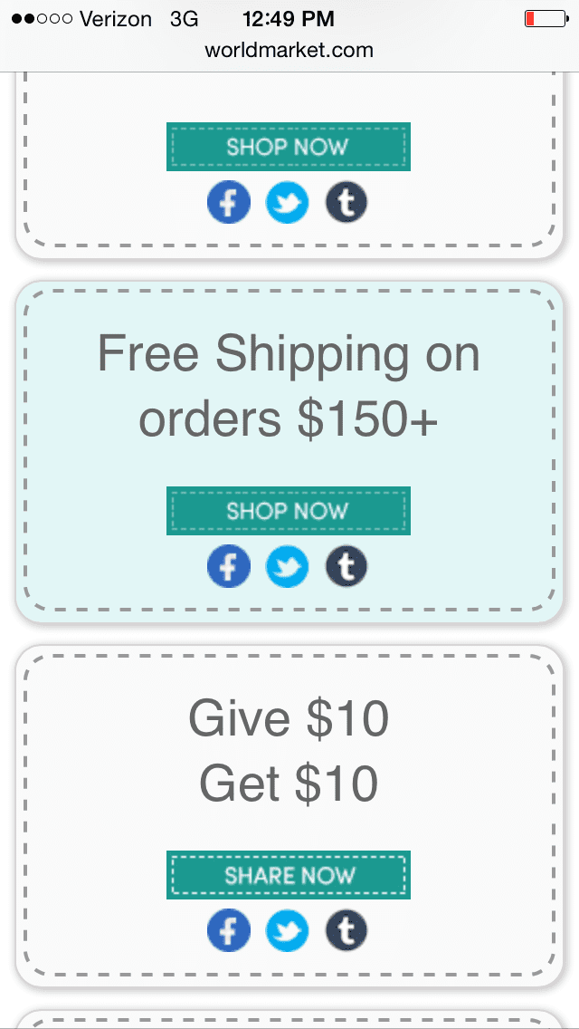 Mobile coupon example for World Market e-commerce store