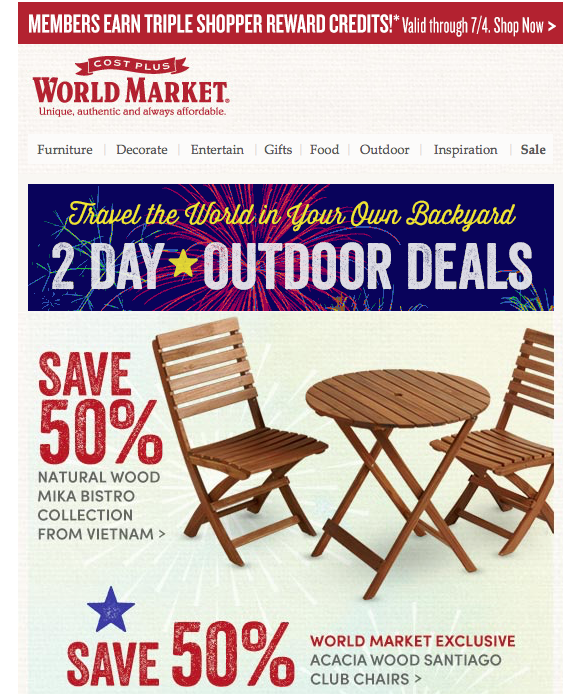 World Market promotional email example showing member incentives and seasonal deals