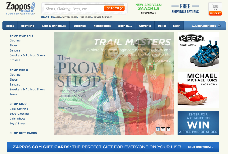 Zappos homepage with scrolling banner and category kickers