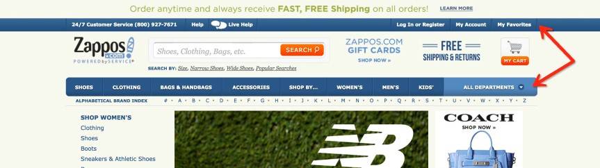 Zappos website showcasing the effective double header navigation strategy