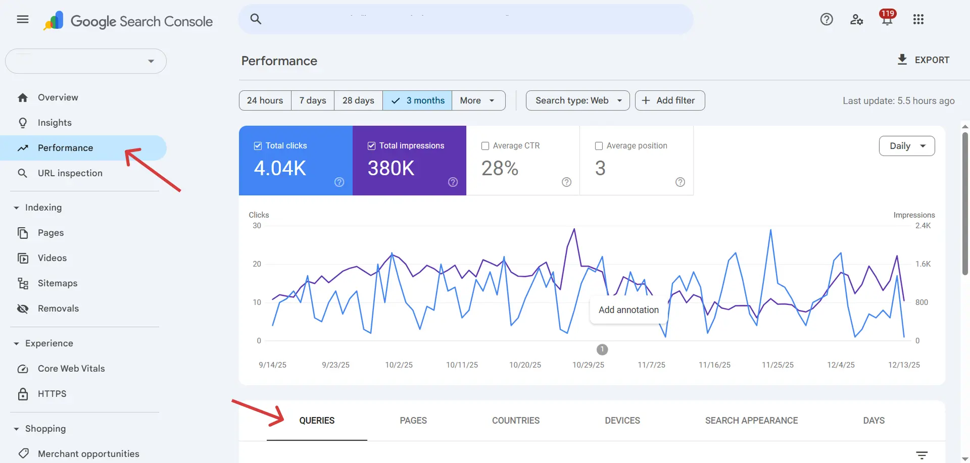 Google Search Console's Performance and Queries Tab
