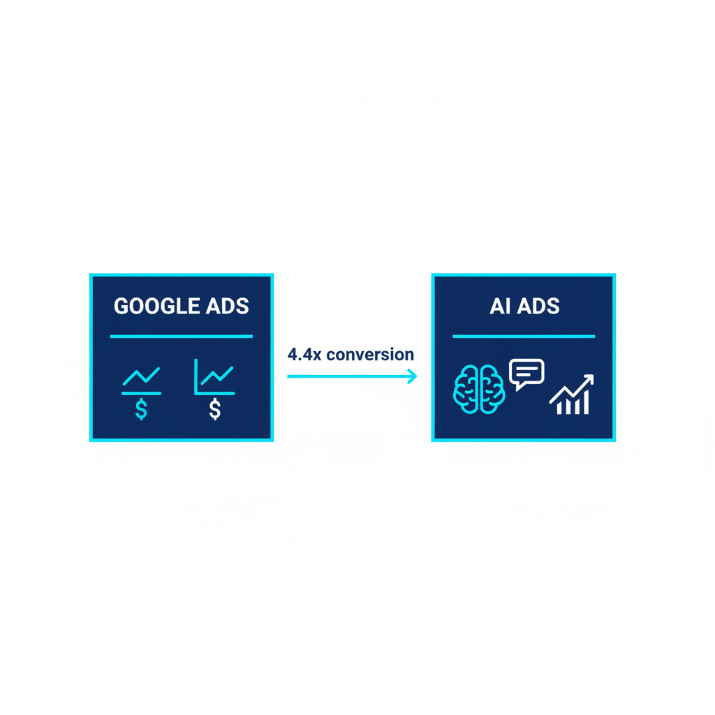Comparison diagram of traditional Google Ads versus AI Ads channels showing relative conversion rates