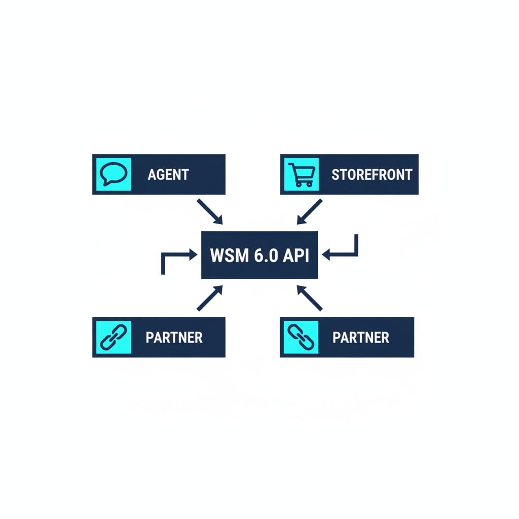 API surface diagram showing the WSM 6.0 API at the center with bidirectional connections to Agent, Storefront, and Partner endpoints
