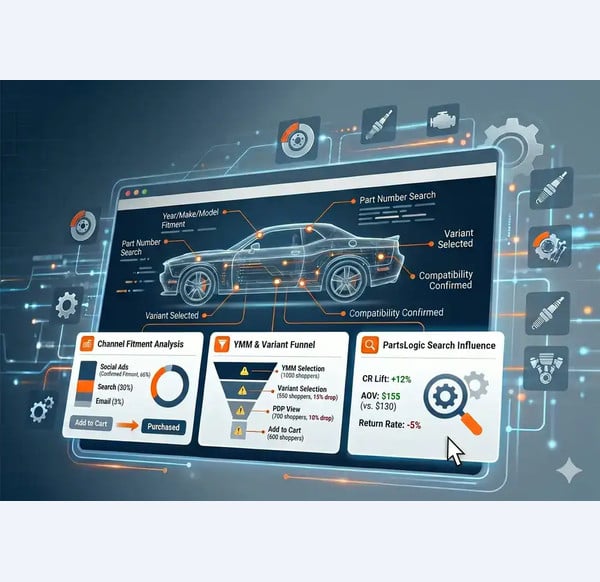 Automotive eCommerce analytics dashboard showing fitment, search, and conversion tracking readiness