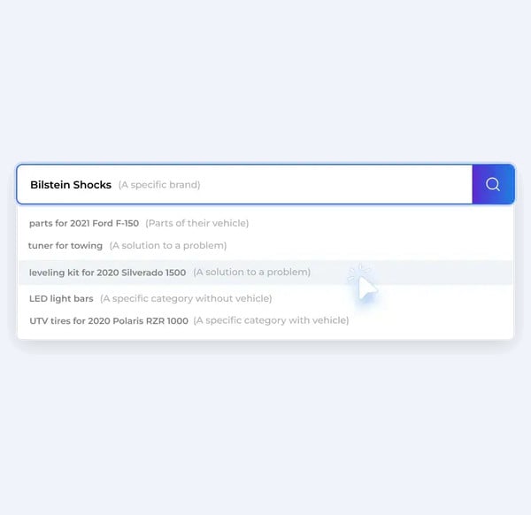 PartsLogic Smart Search autocomplete suggestions for aftermarket part and accessory queries