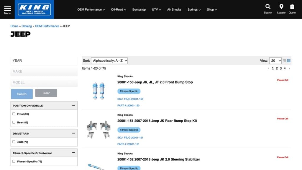 Year/make/model fitment browsing on a King Shocks storefront powered by Web Shop Manager, showing fitment-specific parts and filters
