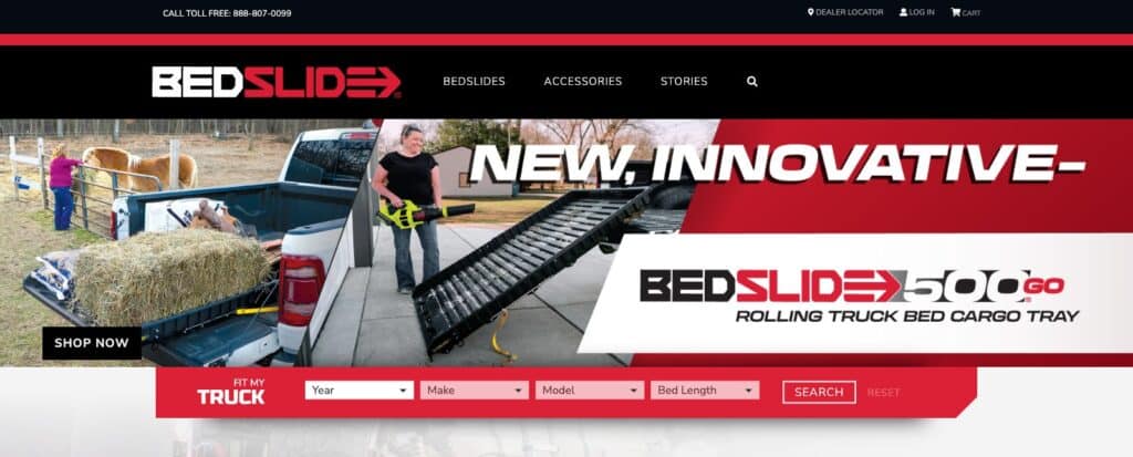 The live BedSlide.com storefront on Web Shop Manager, with a year/make/model Fit My Truck parts selector