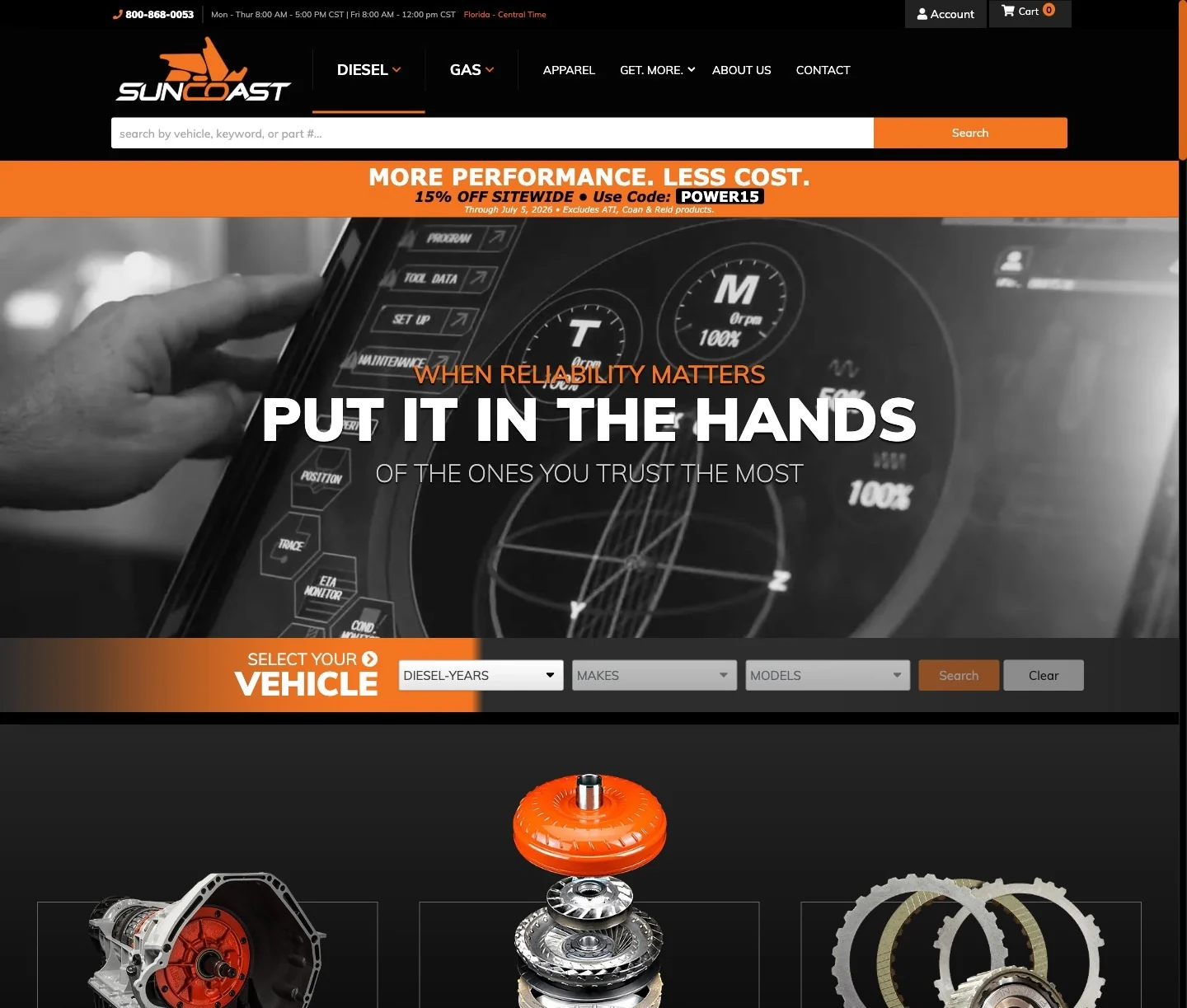 SunCoast Performance diesel parts storefront - eCommerce website design by Web Shop Manager