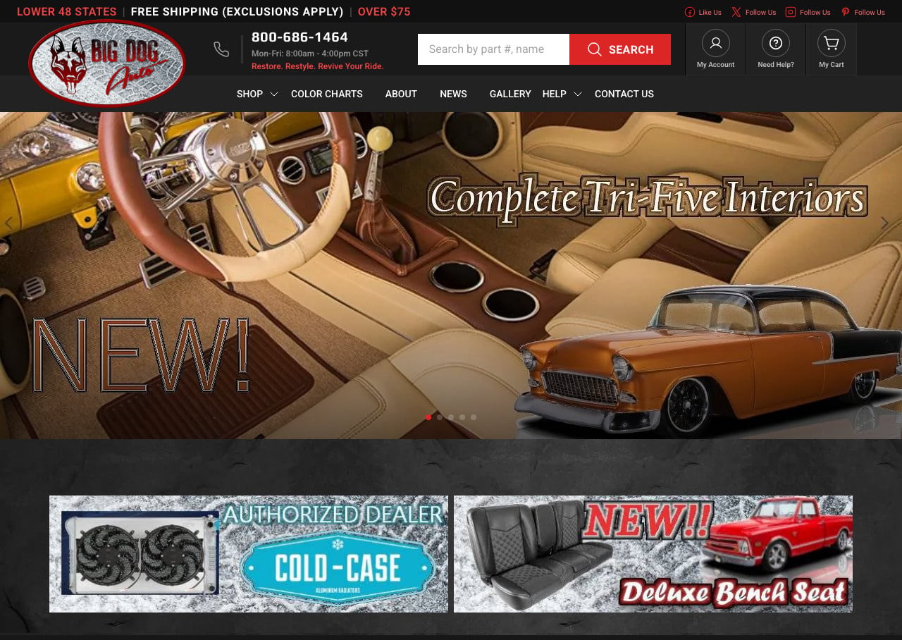 Big Dog Auto storefront above the fold: header, Tri-Five Interiors hero, and authorized-dealer promotional banners