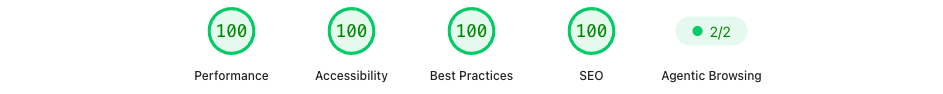 Big Dog Auto mobile PageSpeed Insights showing 100 Performance, 100 Accessibility, 100 Best Practices, 100 SEO, and Agentic Browsing 2 of 2