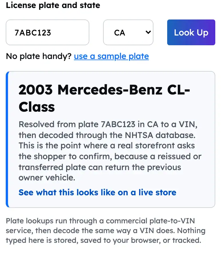 Car license plate with the text '7ABC123' and state 'CA'.