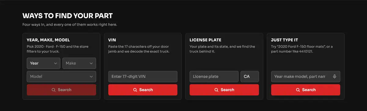 Four vehicle entry methods in the live PartsLogic demo environment: Year Make Model dropdowns, VIN entry, license plate and state lookup, and free text search