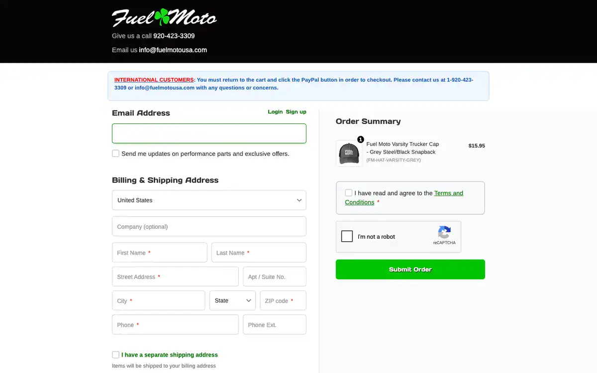 Fuel Moto two-column checkout on desktop with large form fields and the order summary on the right