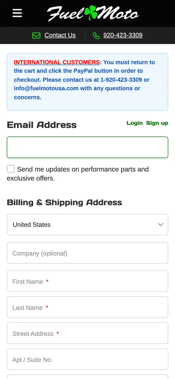 Fuel Moto checkout on a phone with full-width form fields