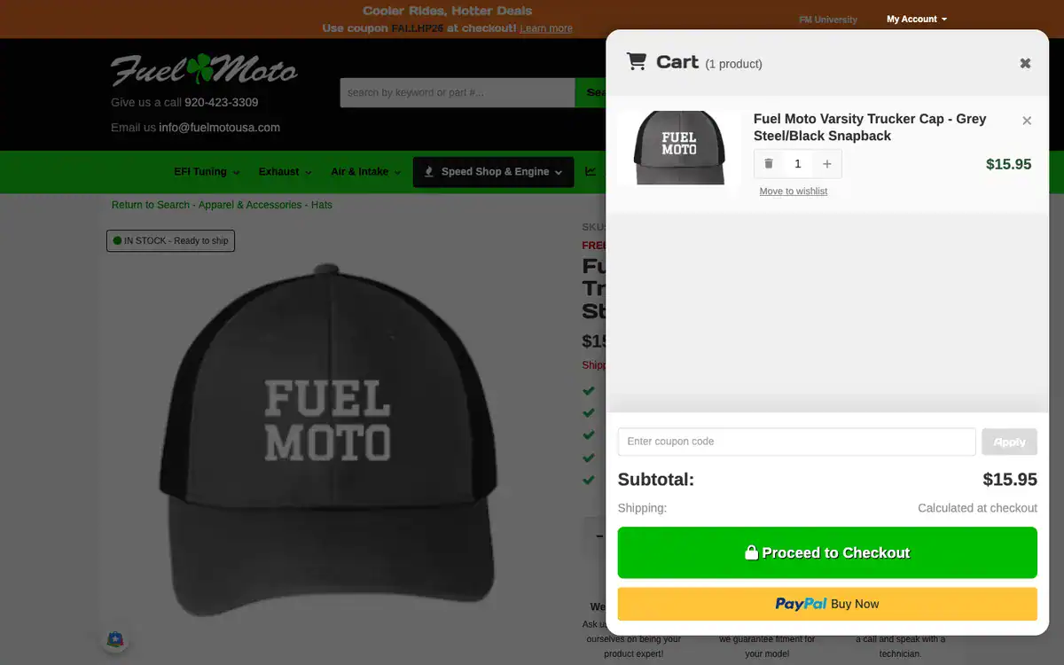 Fuel Moto slide-out cart on desktop showing the item, coupon field, subtotal, Proceed to Checkout and PayPal buttons