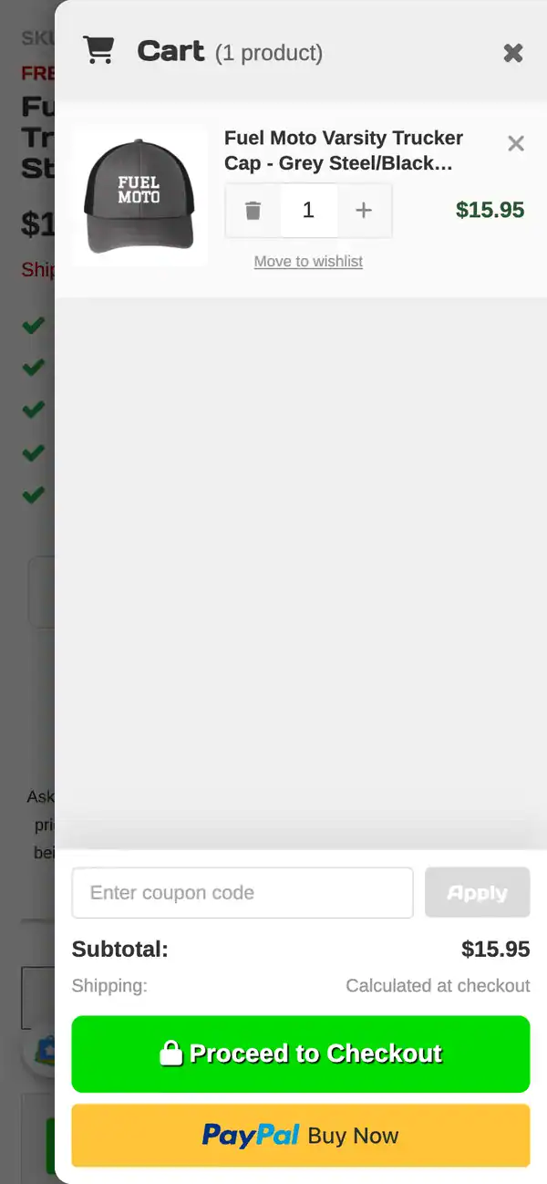 Fuel Moto slide-out cart on a phone with the checkout and PayPal buttons at the bottom of the screen