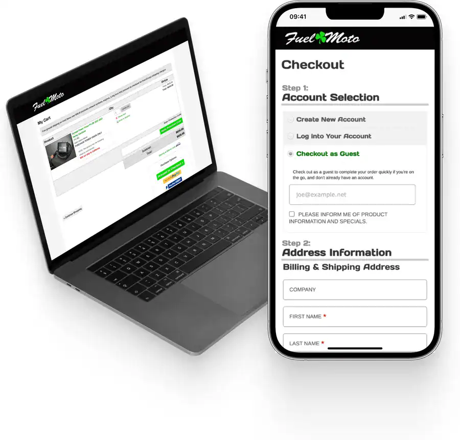 The cart and checkout variant Fuel Moto tested in spring 2024, shown on a laptop and a phone
